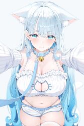 1girl absurdres animal_ears bell belt blue_background blue_belt blue_choker blue_collar blue_eyes blue_hair blue_theme blue_trim blush bra breasts cat_cutout cat_ears cat_girl cat_lingerie cat_tail choker cleavage cleavage_cutout closed_mouth clothing_cutout collar collarbone commission detached_sleeves dolphin_shorts extra_ears frilled_bra frills highres huge_breasts indie_virtual_youtuber jingle_bell long_hair looking_at_viewer meme_attire natsumiya_ramune navel neck_bell nikumega pink_lips pout reaching reaching_towards_viewer ribbed_sleeves shorts skeb_commission solo stomach sweat tail tearing_up thighhighs thighs underwear virtual_youtuber white_bra white_shorts white_sleeves white_thighhighs