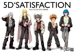 Rule 34 | 5boys, black hair, black jacket, black pants, black shirt, blonde hair, blue hair, bruno (yu-gi-oh!), coat, crow hogan, earrings, fudo yusei, full body, grey coat, grey hair, grey pants, group picture, jack atlas, jacket, jewelry, kiryu kyosuke, male focus, medium hair, multicolored hair, multiple boys, muroto misakichi, orange hair, pants, print shirt, shirt, song name, spiked hair, streaked hair, sunglasses, two-tone hair, white jacket, white shirt, yu-gi-oh!, yu-gi-oh! 5d&#039;s