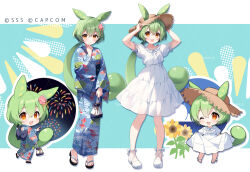 :3 :d ;3 ;d capcom chibi clothes_lift dress fireworks flower frills green_hair hair_ornament hat japanese_clothes kimono lifting_own_clothes official_art one_eye_closed open_mouth pointing pouch sample_watermark simple_background smile standing straw_hat suimya sun_hat sundress sunflower tagme voicevox watermark white_dress yellow_eyes yukata zundamon