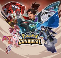 1girl 4boys absurdres aqua_eyes articuno artist_request black_sclera box_art brown_eyes brown_hair character_request claws closed_mouth colored_sclera copyright_logo copyright_name dust fake_horns gen_1_pokemon gen_3_pokemon gen_5_pokemon gloves glowing glowing_eyes grin groudon highres hood hood_up horns jigglypuff key_visual kneehighs legendary_pokemon long_hair long_sleeves mask mewtwo multiple_boys nintendo official_art oni_mask open_mouth outline pokemon pokemon_(creature) pokemon_conquest promotional_art purple_eyes purple_hair red_eyes red_mask red_sandals red_sclera sandals sharp_teeth smile socks spikes teeth third-party_source v-shaped_eyebrows white_eyes white_hair white_outline white_socks yellow_eyes zekrom