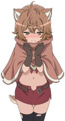 1girl animal_ears belt black_socks black_thighhighs blush brown_capelet brown_eyes brown_gloves brown_hair capelet crop_top derivative_work dog_ears dog_tail dot_nose dungeon_ni_deai_wo_motomeru_no_wa_machigatteiru_darou_ka female_focus gloves highres kneehighs liliruca_arde midriff miniskirt navel open_belt open_fly red_skirt screenshot_redraw short_hair skirt smile socks solo standing stomach_bulge tail thighhighs thighs torn_clothes torn_thighhighs unbuckled unbuttoned zettai_ryouiki