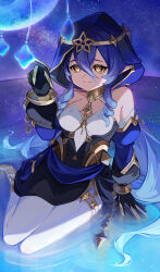1girl bare_shoulders black_gloves blue_hair breasts commentary dress genshin_impact gloves highres hood jewelry layla_(genshin_impact) long_hair neck_ring pantyhose short_dress sitting small_breasts smile solo thighlet tuki_sakuya_a very_long_hair white_pantyhose yellow_eyes