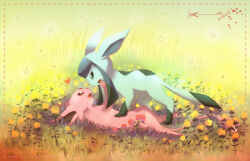 animal_focus blood blood_splatter dotted_line english_text espeon eye_contact field flower full_body gen_2_pokemon gen_4_pokemon glaceon grass heart looking_at_another lying nintendo no_humans on_back open_mouth outdoors pokemon pokemon_(creature) red_flower star_(symbol) yellow_flower yuurakusei