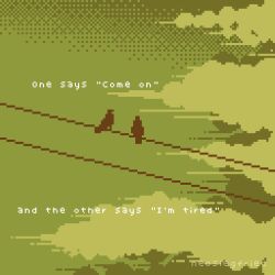 bird bird_on_power_lines cloud cloudy_sky dithering english_text highres no_humans onlypixeeels original outdoors pixel_art scenery sepia sky