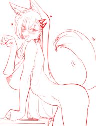 :p animal_ears arm_support berserkert boryeon_(last_origin) completely_nude fangs fox_ears fox_girl fox_tail from_side hair_behind_ear hair_ornament heart highres last_origin leaning_forward long_hair nude open_mouth paw_pose sketch tail tail_wagging thighs tongue tongue_out triangle_hair_ornament turning_head very_long_hair white_background