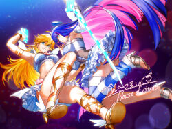 2girls blonde_hair blue_hair blunt_bangs bow breasts dress frilled_dress frills gun hair_bow high_heels highres holding holding_gun holding_sword holding_weapon kankitsurui_(house_of_citrus) long_hair looking_at_viewer multicolored_hair multiple_girls panty_&amp;_stocking_with_garterbelt panty_(psg) smile stocking_(psg) striped_clothes striped_thighhighs sword thighhighs two-tone_hair weapon white_dress