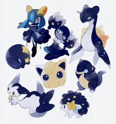 alternate_color alternate_shiny_pokemon animal_focus blue_eyes bow bright_pupils claws closed_mouth commentary_request dot_mouth full_body gen_1_pokemon gen_3_pokemon gen_4_pokemon gen_5_pokemon gothorita grey_background hand_on_own_face hands_up jigglypuff kirlia lapras leaf legendary_pokemon li04r looking_at_viewer looking_to_the_side munna mythical_pokemon neck_ribbon night night_sky nintendo no_humans no_mouth pachirisu pokemon pokemon_(creature) ribbon sandshrew shaymin shaymin_(land) simple_background sky smile star_(symbol) white_bow white_ribbon yellow_eyes yellow_lips