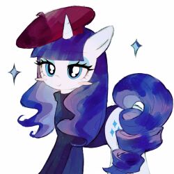 animal animal_focus azhiichigo beret black_sweater blue_eyes blue_eyeshadow blunt_bangs blush_stickers closed_mouth colored_skin curly_hair cutie_mark diamond_(shape) eyeshadow feet_out_of_frame hashtag-only_commentary hat highres long_hair long_sleeves looking_at_viewer makeup my_little_pony my_little_pony:_friendship_is_magic no_humans official_alternate_costume official_alternate_hairstyle purple_hair purple_tail rarity_(my_little_pony) red_hat ribbed_sweater simple_background smile solo sparkle sweater turtleneck turtleneck_sweater unicorn white_background white_skin
