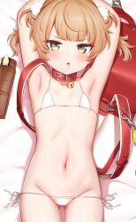 1girl armpits backpack bag bdsm bell bikini blush brown_hair cameltoe collar flat_chest flute green_eyes highres indie_virtual_youtuber instrument loli looking_at_viewer lying m-da_s-tarou medium_hair micro_bikini navel neck_bell on_back open_mouth pom_pom_(clothes) randoseru recorder recorder_case shigure_ui_(vtuber) shigure_ui_(vtuber)_(young) slave solo stomach string_bikini sweat swimsuit virtual_youtuber