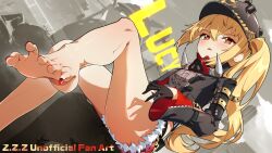 1girl absurdres barefoot black_gloves black_helmet black_jacket black_shirt blonde_hair blue_sky boar breasts cactus cloud cloudy_sky combat_helmet fur-trimmed_shorts fur_trim gloves half_gloves helmet highres jacket looking_at_another looking_at_viewer luciana_de_montefio mask mask_around_neck micro_shorts nail_polish open_mouth pickelhaube red_hair red_nails respirator shirt shorts side_ponytail sitting sky small_breasts solo spice_mega toenails zenless_zone_zero