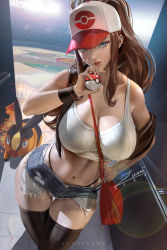 1girl bare_shoulders baseball_cap black_thighhighs black_vest breasts brown_hair cleavage collarbone creatures_(company) cutoffs denim denim_shorts game_freak gen_5_pokemon hat high_ponytail hilda_(pokemon) large_breasts long_hair looking_at_viewer nintendo pokemon pokemon_(creature) pokemon_bw ponytail shirt short_shorts shorts sidelocks sleeveless sleeveless_shirt tank_top tepig thighhighs thighs vest white_shirt wristband zumi_(zumidraws)