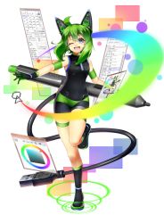 1girl :d ahoge animal_ears bike_shorts black_boots black_gloves blue_eyes boots cat_ears copyright_request female_focus gloves green_gloves green_hair hair_between_eyes highres kagiyama_(clave) looking_at_viewer mechanical_ears multicolored_gloves one_eye_closed open_mouth original paint_palette personification rainbow short_hair smile solo standing standing_on_one_leg stylus tail usb