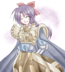 1girl 2000s_(style) :d armor blue_cape blue_shirt blush boobplate bow breastplate brown_skirt cape closed_eyes commentary_request cowboy_shot crusader_(ragnarok_online) dated_commentary hair_bow long_hair lowres open_mouth pauldrons purple_background purple_hair ragnarok_online red_bow sharari shirt shoulder_armor skirt smile solo