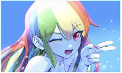 1girl ;d backlighting bare_shoulders blonde_hair blue_hair blue_skin blue_sky breasts ceitama_oppai chromatic_aberration cleavage colored_skin commentary_request day double-parted_bangs from_above green_hair hair_between_eyes hatching_(texture) highres long_hair looking_at_viewer multicolored_hair my_little_pony my_little_pony:_equestria_girls my_little_pony:_friendship_is_magic nail_polish one_eye_closed open_mouth orange_hair outdoors portrait purple_hair rainbow_dash rainbow_dash_(equestria_girls) rainbow_hair red_eyes red_hair red_nails sidelocks sky smile solo streaked_hair tongue v water