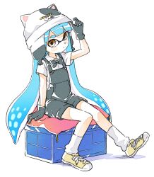 1girl animal_hat blue_bow blue_bowtie blue_gloves blue_hair blue_overalls bow bowtie cat_hat character_hat closed_mouth collared_shirt cosplay expressionless full_body gloves hat highres inkling inkling_girl inkling_player_character judd_(splatoon) judd_(splatoon)_(cosplay) long_hair looking_at_viewer nintendo overalls pillow sen_squid shirt shoes sitting sitting_on_pillow sneakers socks solo splatoon_(series) tentacle_hair third-party_source very_long_hair white_background white_hat white_shirt white_socks yellow_eyes yellow_shoes