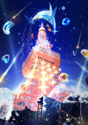 1girl absurdres cat dress highres ladder makoron117117 night night_sky original scenery silhouette sky solo tokyo_tower tower water_drop whale