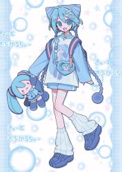 Rule 34 | 1girl, :d, absurdres, animal ear headwear, backpack, bag, bandaid, bandaid hair ornament, blue eyes, blue hair, blue shirt, blue shoes, blue shorts, character doll, character print, commentary request, doll, fake animal ears, fang, full body, hair ornament, hatsune miku, highres, holding, holding stuffed toy, long hair, long sleeves, looking at viewer, loose socks, nankai (nankai san), open mouth, print shirt, ribbed socks, shirt, shoes, shorts, smile, sneakers, socks, solo, standing, star (symbol), stuffed toy, text hair ornament, vocaloid, white background, white socks