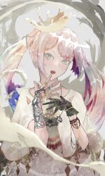 1girl asymmetrical_gloves black_gloves bracelet capelet check_commentary choker commentary_request crown double_dougnuts dress gloves grey_eyes grey_hair hair_ornament hands_up hatsune_miku highres jewelry looking_at_viewer milk milk_crown milk_crown_on_sonechka_(vocaloid) mismatched_gloves necklace open_hands open_mouth parted_bangs ring sidelocks solo splash_crown splashing straight-on twintails upper_body vocaloid white_capelet white_choker white_dress