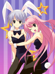 2girls animal_ear_hairband animal_ears ass black_leotard black_pantyhose blue_hair blue_leotard bow bowtie breasts chaos;head chaos;head_love_chu_chu! cleavage detached_collar expressionless facing_viewer fake_animal_ears fake_tail from_side hair_between_eyes hairband highleg highleg_leotard highres holding hug hug_from_side kishimoto_ayase leotard long_hair looking_at_viewer medium_breasts multiple_girls official_art one_eye_closed orange_eyes pantyhose pink_eyes pink_hair playboy_bunny purple_background rabbit_ears rabbit_tail sakihata_rimi sasaki_mutsumi short_hair smile star_(symbol) strapless strapless_leotard striped_background tail wrist_cuffs