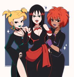 Rule 34 | 3girls, absurdres, artist name, bat necklace, black choker, black dress, black hair, black sleeves, blonde hair, breasts, choker, cleavage, cremanata, dark-skinned female, dark skin, detached sleeves, dress, dusk (scooby-doo), earrings, fingerless gloves, gloves, green lips, hex girls, highres, hoop earrings, jewelry, long hair, looking at viewer, luna (scooby-doo), medium breasts, messy hair, multiple girls, open mouth, orange hair, pointing, pointing at viewer, purple gloves, purple lips, red sash, sash, scooby-doo, short hair, short twintails, side slit, thorn (scooby-doo), twintails