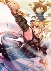 1girl ? absurdres animal animal_on_head arm_up armor armpits au_ra warrior_of_light_(ff14) blonde_hair blue_eyes blush breastplate chainmail cloak combat_knife commission detached_sleeves dual_wielding embarrassed final_fantasy final_fantasy_xiv fingernails hand_up hat highres holding holding_knife holding_weapon horns knife long_hair looking_to_the_side mihira_(tainosugatayaki) multicolored_hair nail_polish ninja_(final_fantasy) nose_blush on_head open_mouth outstretched_arm pants rabbit red_hair red_nails scales skeb_commission tail tearing_up two-tone_hair v-shaped_eyebrows weapon