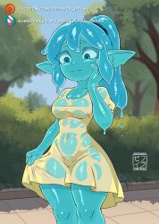 absurdres blue_skin breasts cleavage colored_skin covered_navel day dress feet_out_of_frame goblin hand_on_own_face highres large_breasts monster_girl original outdoors pointy_ears ponytail sephyra_draws short_dress slime_girl slime_hair sundress thick_thighs thighs