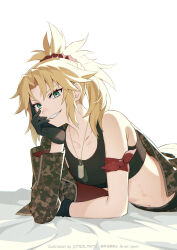 1girl black_gloves blonde_hair camouflage camouflage_jacket dog_tags fate/grand_order fate_(series) gloves green_eyes highres jacket jacket_partially_removed lying meiji_ken midriff mordred_(fate) on_stomach open_clothes open_jacket smile solo sports_bra
