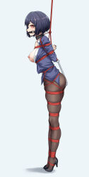 Rule 34 | 1girl, absurdres, anal hook, arms behind back, bdsm, bit gag, bondage, bound, breasts, breasts out, collar, from side, gag, gagged, high heels, highres, looking at viewer, nipples, original, pantyhose, red eyes, restrained, shibari, shibari over clothes, short hair, simple background, soles, standing, t zhonglang, tiptoes
