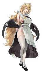 1girl absurdres apron bare_shoulders black_dress black_shoes black_wings blonde_hair blue_eyes braid breasts commission dice_hair_ornament dress fang feathered_wings frilled_apron frilled_dress frills full_body garter_belt hair_ornament highres large_breasts long_hair looking_at_viewer low_wings maid maid_apron maid_headdress mary_janes no_panties open_mouth original rima_(0136) shoes side_slit sideboob simple_background skin_fang skindentation sleeveless sleeveless_dress smile solo sonya_(schan) thighhighs very_long_hair white_background white_thighhighs wings wrist_cuffs