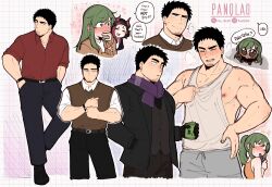 ... 1boy 2girls absurdres black_hair blush breasts business_suit coat english_text facial_hair formal_clothes goatee goatee_stubble green_eyes green_hair heart highres husband_and_wife igarashi_futaba medium_hair multiple_girls muscular muscular_male necktie nipples office_lady overcoat pan_(panqlao) panqlao ponytail salaryman scarf senpai_ga_uzai_kouhai_no_hanashi shirt short_hair sidelocks singlet smile spoken_ellipsis stubble suit takeda_harumi thick_eyebrows vest