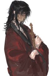 1boy absurdres bags_under_eyes bandaged_arm bandaged_neck bandages black_eyes black_hair black_hanfu chinese_clothes coat coin coin_mask coin_sword covered_mouth crossed_arms dao_gui_yi_xian half_updo hanfu highres holding holding_sword holding_weapon holed_coin li_huowang long_hair long_sleeves looking_at_viewer male_focus maniminimanimou mask mouth_veil ponytail red_coat robe simple_background solo sword upper_body veil weapon white_background wide_sleeves