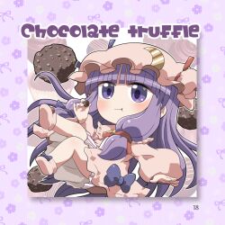 1girl :t blue_bow blue_ribbon blunt_bangs blush border bow bun_cover chocolate closed_mouth commentary_request double_bun dress eating food food_name footwear_bow full_body hair_bun hair_ribbon hat hat_ribbon highres holding holding_chocolate holding_food long_hair long_sleeves mob_cap page_number patchouli_knowledge pink_hat pink_shoes purple_border purple_eyes purple_hair red_bow red_ribbon ribbon robe rokugou_daisuke shoes sidelocks solo striped_clothes striped_dress touhou white_dress
