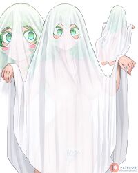 1girl absurdres ass blush_stickers boku_no_hero_academia commentary dismaiden english_commentary ghost_costume green_eyes green_hair hagakure_toru highres multiple_views naked_costume navel open_mouth panties patreon_logo print_panties see-through_clothes sheet_ghost simple_background smile underwear unusually_visible white_background white_panties