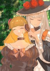 2girls absurdres beatrice_(umineko) black_choker black_dress black_hat blonde_hair blunt_bangs breasts brushing_another&#039;s_hair brushing_hair chinese_commentary choker closed_eyes closed_mouth collarbone commentary_request dress facing_another flower frilled_choker frills grey_hair gy0523shiver hair_brush hair_down hair_flower hair_ornament hat hat_flower highres holding holding_hair_brush large_breasts long_hair long_sleeves medium_hair multiple_girls off-shoulder_dress off_shoulder outdoors pink_flower puffy_sleeves red_flower smile umineko_no_naku_koro_ni upper_body virgilia_(umineko) wide_sleeves