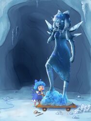 1girl :q animated animated_gif blue_bow blue_dress blue_eyes blue_hair bow breasts chibi cirno cirno_day dress hair_bow ice ice_cave ice_sculpture ice_wings icicle looping_animation manamanami neck_ribbon puffy_short_sleeves puffy_sleeves ribbon sculpting shirt short_hair short_sleeves small_breasts sparkle tongue tongue_out touhou white_shirt wings
