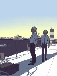 Rule 34 | 2boys, absurdres, arms behind back, black pants, black shoes, blue necktie, blue sky, classicaloid, collared shirt, dawn, highres, johann sebastian bach (classicaloid), lighthouse, long sleeves, ludwig van beethoven (classicaloid), male focus, multiple boys, necktie, outdoors, pants, ponytail, shirt, shoes, short hair, sky, skyline, suzuki (ukk0), white shirt