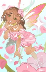 1girl armlet bare_shoulders bead_necklace beads blue_sky boots bracelet braid breasts bright_pupils brown_hair choker cleavage commentary dark-skinned_female dark_skin day dress english_commentary eyes_visible_through_hair eyeshadow fairy fairy_wings flora_(winx_club) flower flower_dress flying full_body green_choker green_eyes hair_between_eyes hair_flower hair_ornament happy high_heel_boots high_heels highres holding holding_petal jewelry light_blush light_particles lipstick long_hair looking_at_viewer magical_girl makeup nail_polish necklace off-shoulder_dress off_shoulder open_mouth outdoors petals pink_boots pink_dress pink_eyeshadow pink_flower pink_lips pink_nails pink_wings short_dress short_sleeves signature single_braid sky smile solo sparkle teeth thick_eyebrows very_long_hair white_pupils wikate wings winx_club winx_club_(reboot) wrist_flower