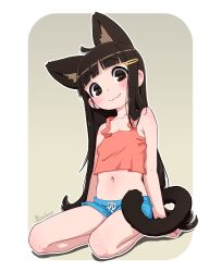 1girl :3 animal_ears black_eyes black_hair blue_shorts blunt_bangs camisole cat_ears cat_girl cat_tail closed_mouth commentary drawstring english_commentary extra_ears full_body hair_ornament hairclip highres kionant long_hair looking_at_viewer midriff navel original outline red_camisole seiza short_shorts shorts simple_background sitting smile solo tail very_long_hair white_outline
