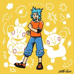 Rule 34 | 1boy, blue hair, brawly (pokemon), gen 3 pokemon, highres, makuhita, male focus, nintendo, open mouth, orange shirt, osare graffiti, pokemon, pokemon (creature), rolled up pantslegs, shirt