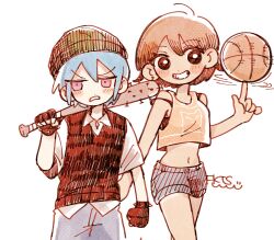 1boy 1girl alternate_hair_color alternate_hair_length alternate_hairstyle aubrey_(faraway)_(omori) aubrey_(omori) baseball_bat black_gloves black_sweater_vest blue_hair brown_hair collared_shirt cowboy_shot crop_top denim denim_shorts fingerless_gloves genderswap genderswap_(ftm) genderswap_(mtf) gloves grin kel_(faraway)_(omori) kel_(omori) looking_at_viewer nail nail_(hardware) nail_bat navel o_tori_mhyk omori parted_lips pink_eyes shirt short_shorts shorts simple_background smile sweater_vest teeth white_background white_shirt