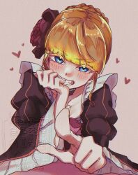 1girl beatrice_(umineko) black_dress blonde_hair blue_eyes blunt_bangs blush brown_background coco08953232 collarbone colored_eyelashes dress flower grin hair_flower hair_ornament heart highres loving_aura pointing pointing_at_viewer red_flower red_rose rose simple_background smile solo standing teeth umineko_no_naku_koro_ni watermark