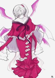 Rule 34 | 1girl, absurdres, blue eyes, bow, capelet, dress, grey hair, hair bobbles, hair ornament, highres, jmdw2752, long hair, mystic square, one side up, red dress, ribbon, shinki (touhou), solo, touhou, touhou (pc-98), white hair, wings