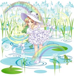 1girl :d alternate_costume alternate_headwear_color blonde_hair boots bow dress frilled_dress frills frog full_body game_cg gloves hair_ribbon hat high_heel_boots high_heels highres holding holding_stuffed_toy leaning_forward lily_pad long_hair looking_at_viewer moriya&#039;s_iron_rings moriya_suwako moriya_suwako_(white_tree_frog_who_bestows_rain) off-shoulder_dress off_shoulder official_art open_mouth outdoors rainbow ribbon ripples rotte_(1109) sidelocks smile solo stuffed_animal stuffed_frog stuffed_toy third-party_source touhou touhou_lostword transparent_background tress_ribbon water wedding_dress white_boots white_bow white_dress white_gloves white_hat white_ribbon yellow_eyes