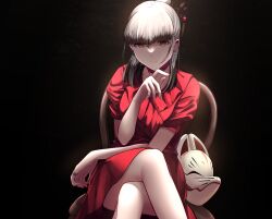 Rule 34 | 1girl, alternate hairstyle, black background, black hair, blunt bangs, brown eyes, closed mouth, colored tips, commentary request, crossed legs, dress, earrings, feet out of frame, fox mask, hair ornament, hair stick, half updo, highres, jewelry, jouhou, looking at viewer, mask, medium hair, multicolored hair, on chair, red dress, ring, satsuki yomi, short sleeves, sitting, smile, solo, toji no miko, unworn mask, white hair