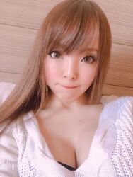 1girl breasts brown_hair cleavage close-up collarbone indoors japanese_(nationality) large_breasts long_hair looking_at_viewer photo_(medium) real_life selfie sweater tanaka_hitomi