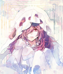 1boy bags_under_eyes bow closed_mouth commentary_request dame_x_prince eyelashes ghost_costume grey_background hair_over_one_eye long_hair looking_at_viewer mare_selen_el_phiriazar merveilles messy_hair purple_hair red_eyes sheet_ghost solo white_bow