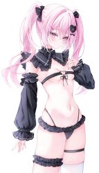 Rule 34 | 1girl, belt bra, black bow, black panties, bow, breasts, chest strap, collar, detached collar, detached sleeves, embarrassed, frilled collar, frilled panties, frilled sleeves, frilled thigh strap, frills, hair bow, hair ornament, heart, heart hair ornament, highres, hiiragi (hr ccr), long hair, navel, original, panties, pink eyes, pink hair, revealing clothes, simple background, small breasts, solo, stomach, thigh strap, twintails, underwear