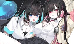 Rule 34 | 2girls, balloon, black choker, black hair, black survival, blue eyes, cardigan, choker, debi (after school) (black survival), debi (black survival), eternal return: black survival, green hair, grey skirt, heart balloon, long hair, marlene (after school) (black survival), marlene (black survival), medium hair, multicolored hair, multiple girls, okchun, open clothes, open shirt, pink hair, red eyes, school uniform, shirt, siblings, skirt, twins, two-tone hair, white shirt, yellow cardigan