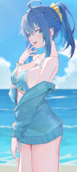 1girl :d absurdres ahoge beach bikini blue_bikini blue_eyes blue_hair blue_jacket blue_sky breasts cloud day from_side haimaotuanzi hand_up high_ponytail highres jacket large_breasts looking_at_viewer make_heroine_ga_oo_sugiru! ocean open_mouth outdoors ponytail scrunchie sky smile solo swimsuit thighs water yanami_anna yellow_scrunchie