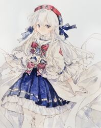 1girl absurdres arcaea blue_eyes blue_ribbon blue_skirt bow bowtie closed_mouth feet_out_of_frame hat hat_ribbon highres hikari_(arcaea) long_hair looking_at_viewer maboroshi_(freeze000) painting_(medium) pleated_skirt red_bow red_bowtie red_hat ribbon sailor_collar shirt skirt solo standing three-quarter_sleeves traditional_media very_long_hair waist_bow watercolor_(medium) white_background white_hair white_sailor_collar white_shirt